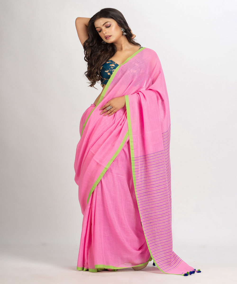 Pink green handwoven cotton stripes bengal saree