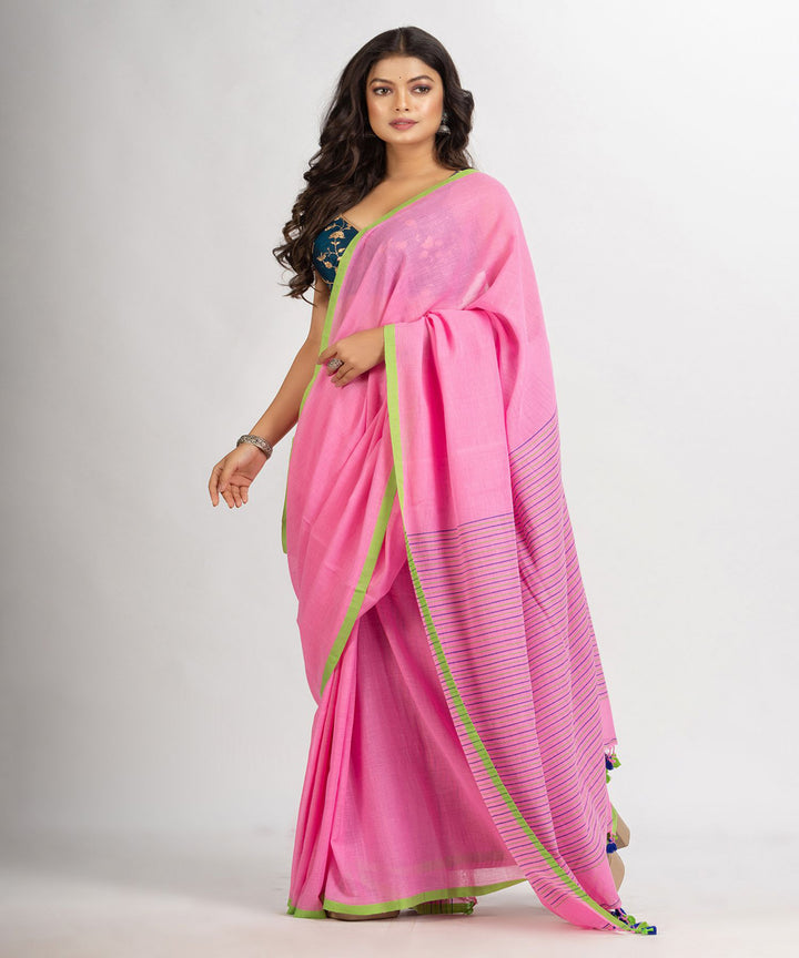 Pink green handwoven cotton stripes bengal saree