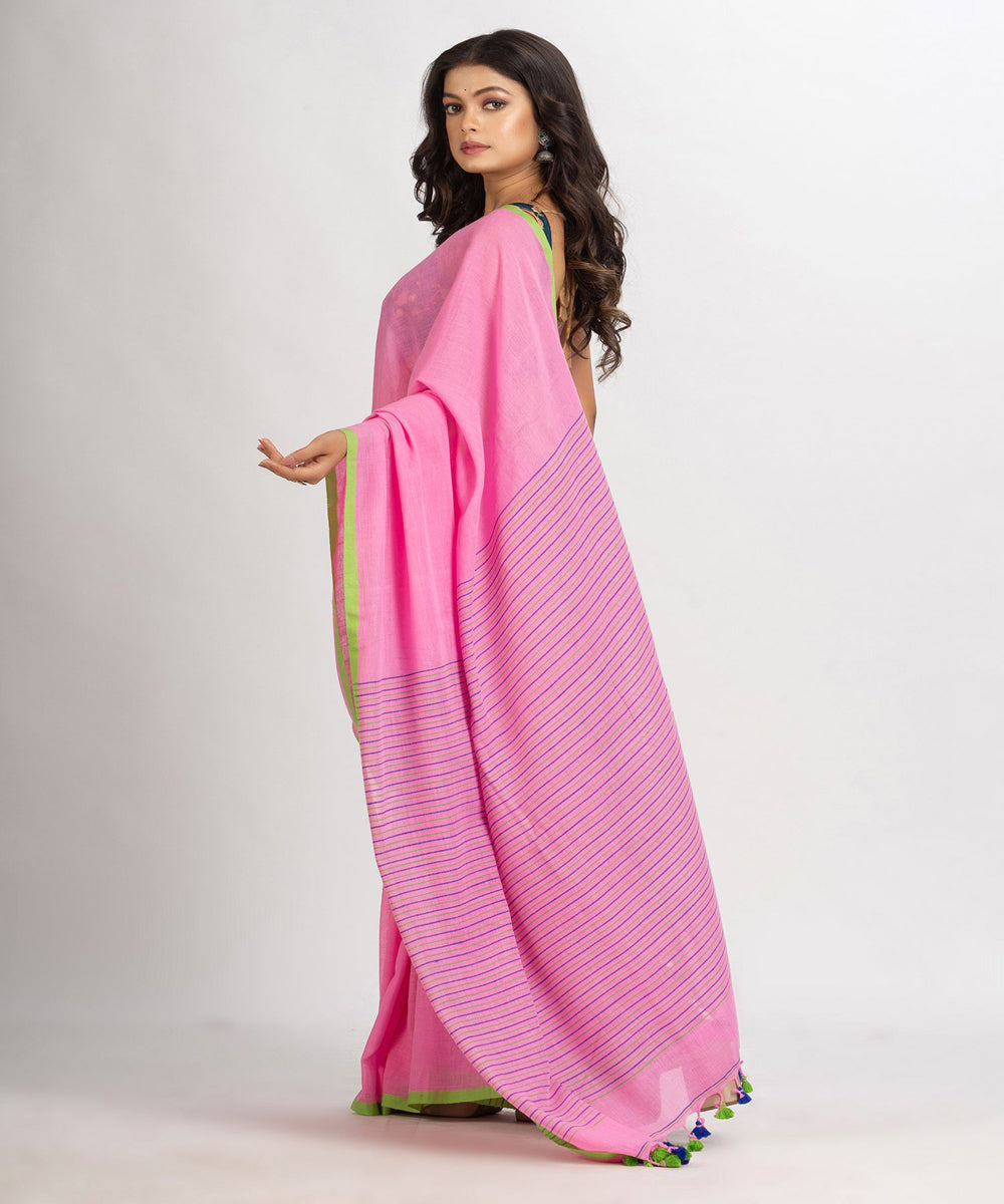 Pink green handwoven cotton stripes bengal saree