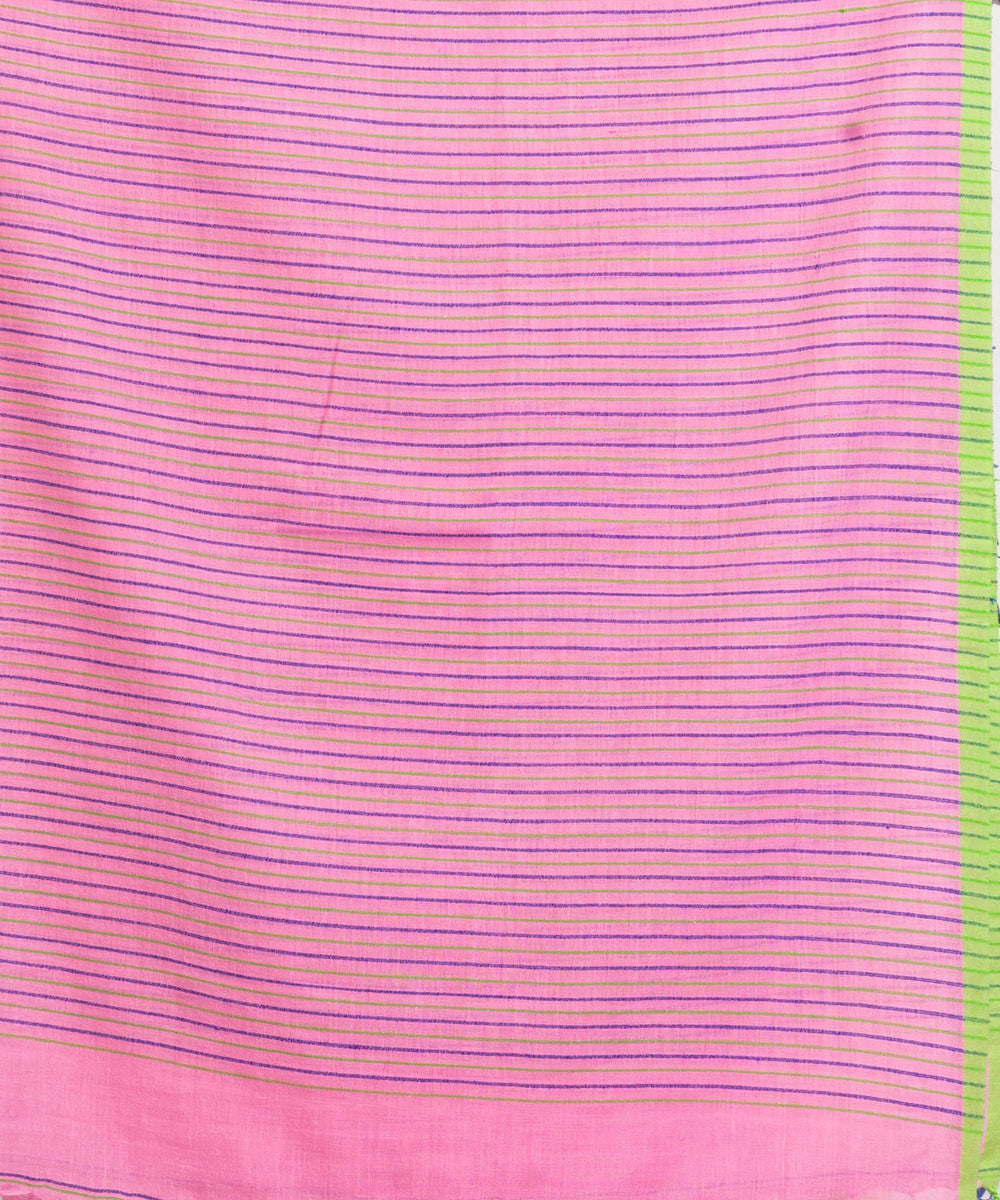 Pink green handwoven cotton stripes bengal saree