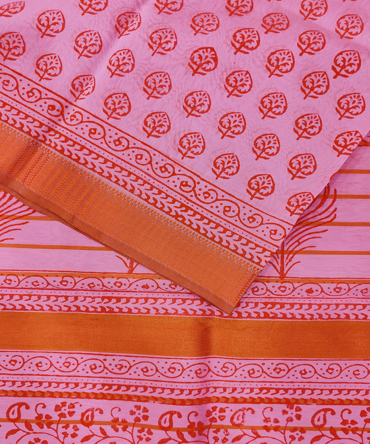 Pink mustard hand block printed maheshwari cotton silk saree
