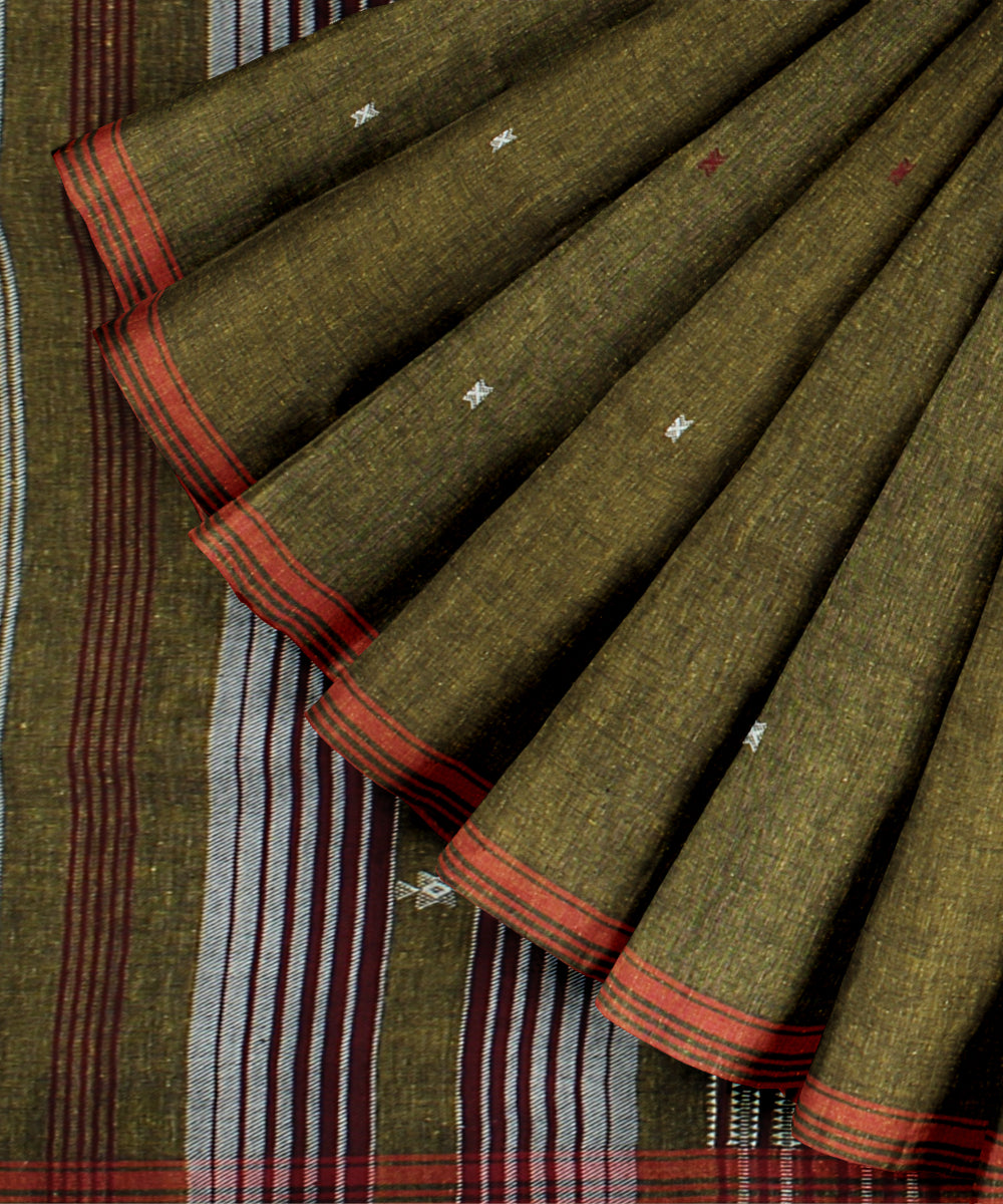 Olive green orange kala cotton handloom bhujodi saree