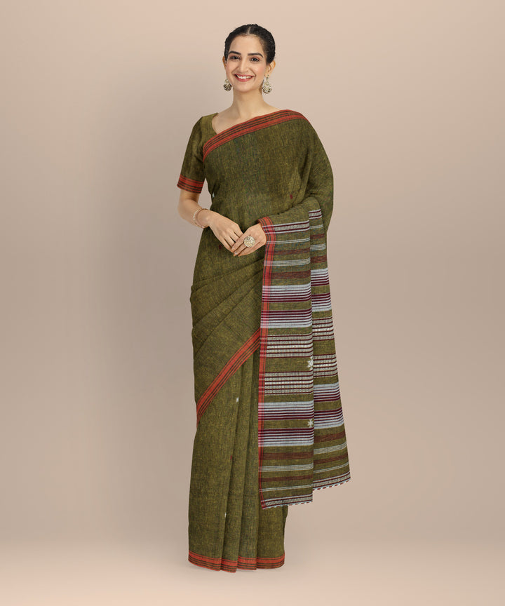 Olive green orange kala cotton handloom bhujodi saree