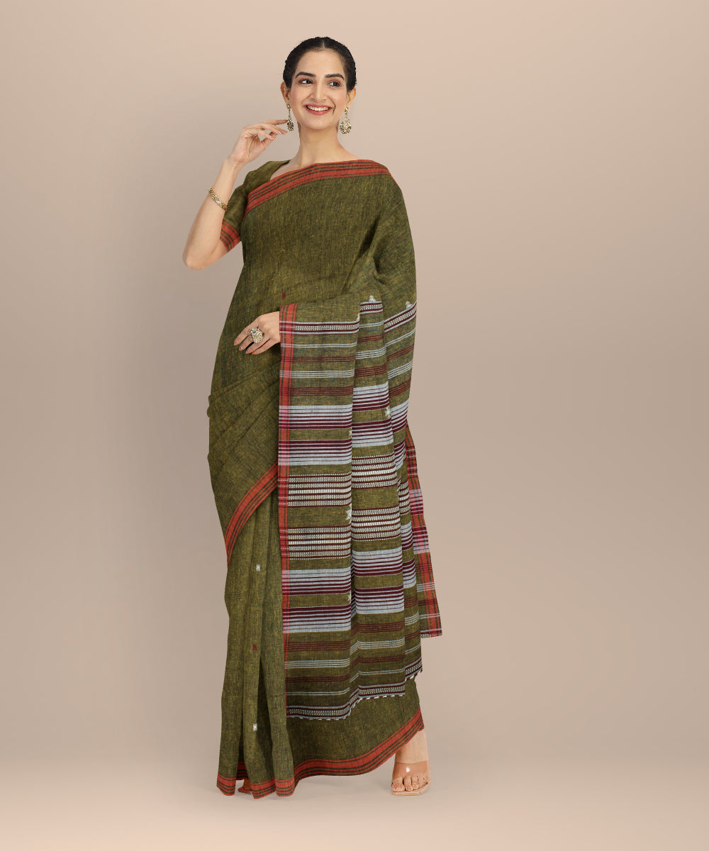 Olive green orange kala cotton handloom bhujodi saree