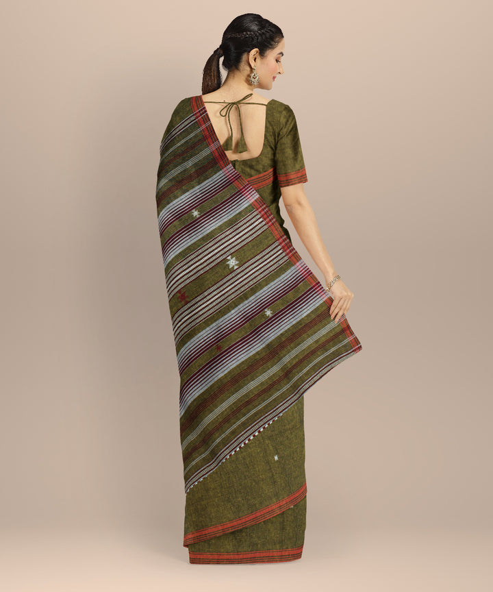 Olive green orange kala cotton handloom bhujodi saree