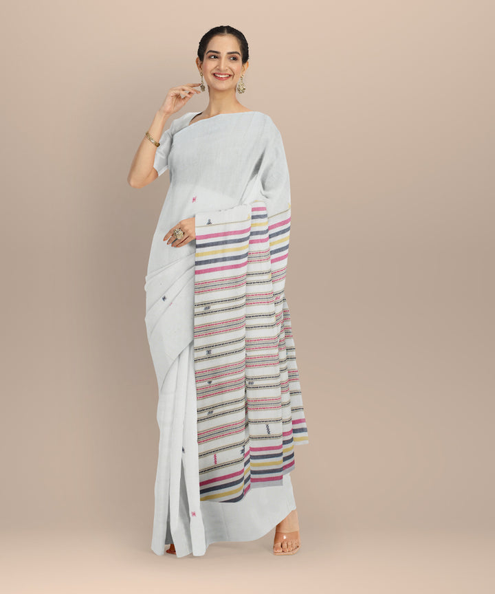 Off white striped fine cotton handloom bhujodi saree