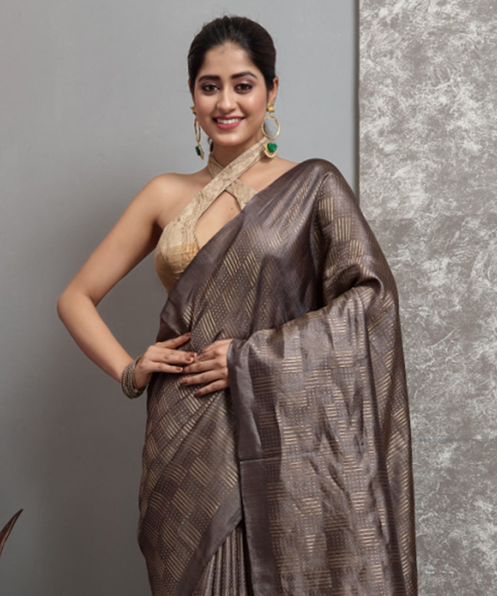 Dark brown handwoven chhatisgarh tussar silk saree