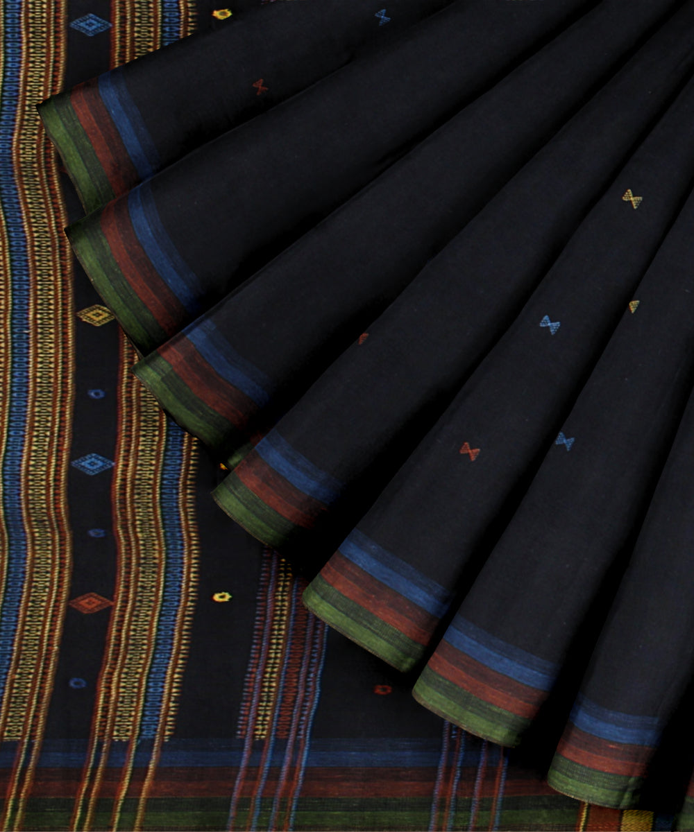 Navy blue multi striped kala cotton handloom bhujodi saree