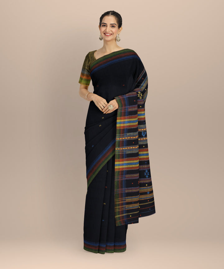 Navy blue multi striped kala cotton handloom bhujodi saree
