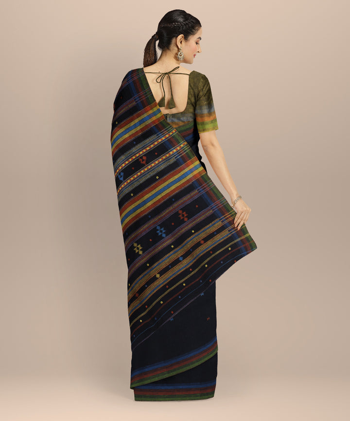 Navy blue multi striped kala cotton handloom bhujodi saree