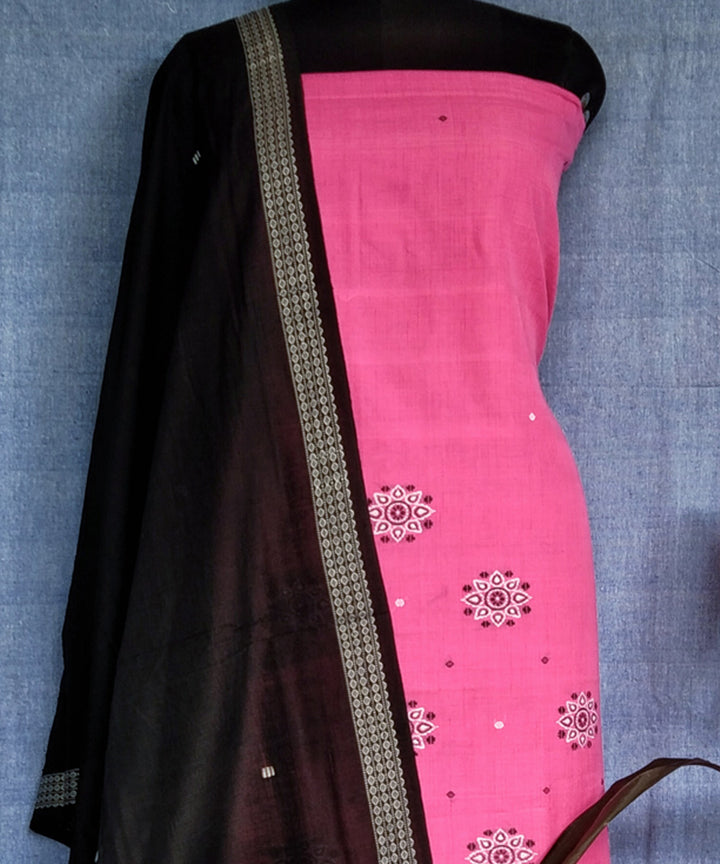 Pink black handwoven cotton bomkai dress material