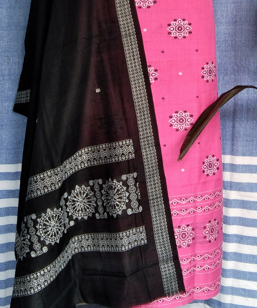 Pink black handwoven cotton bomkai dress material