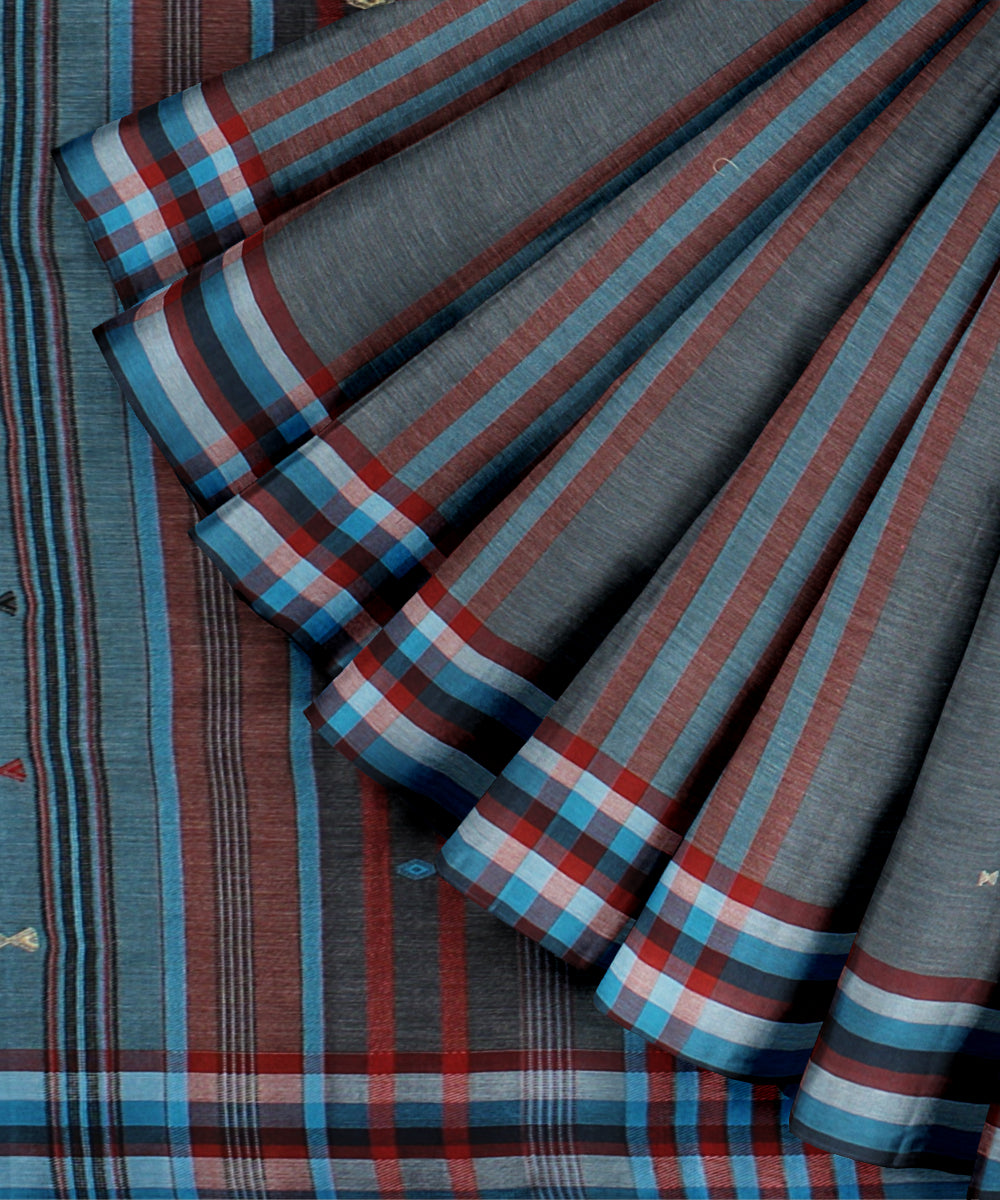 Grey cyan blue kala cotton handloom bhujodi saree