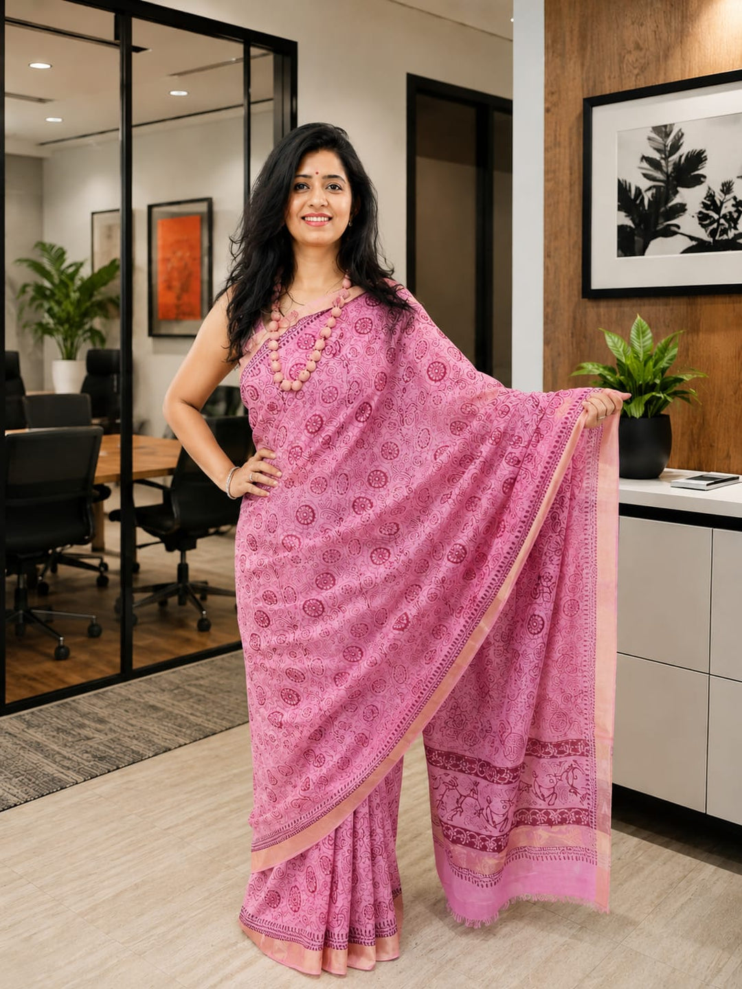 Pink cotton silk hand printed maheshwari saree