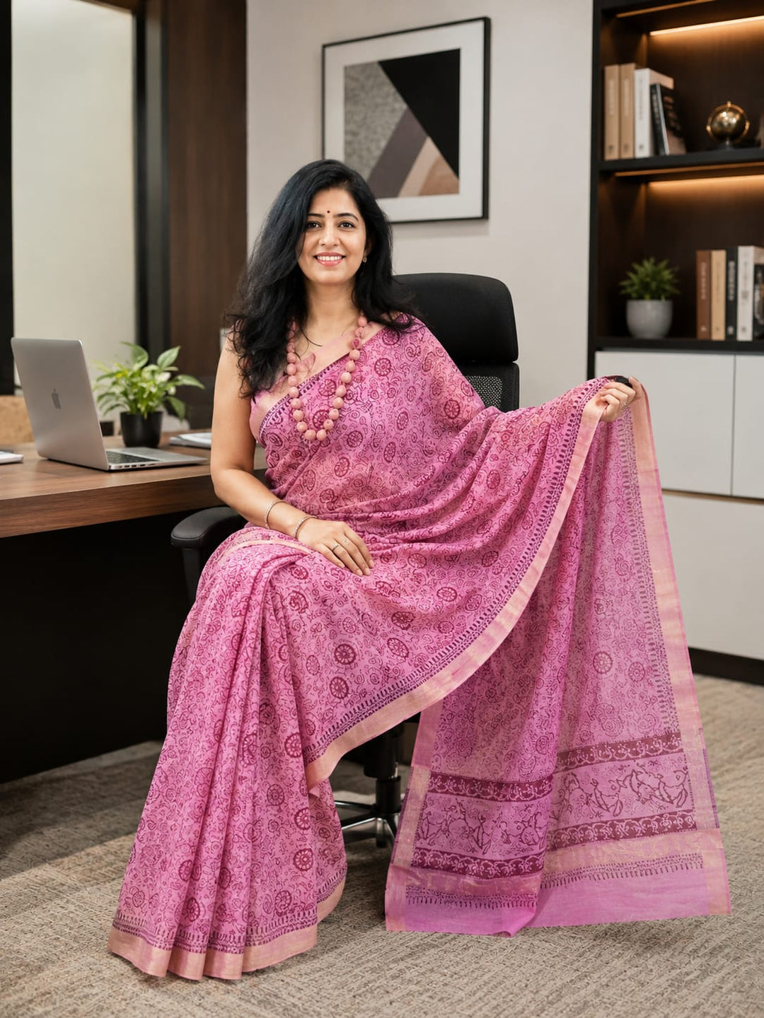 Pink cotton silk hand printed maheshwari saree