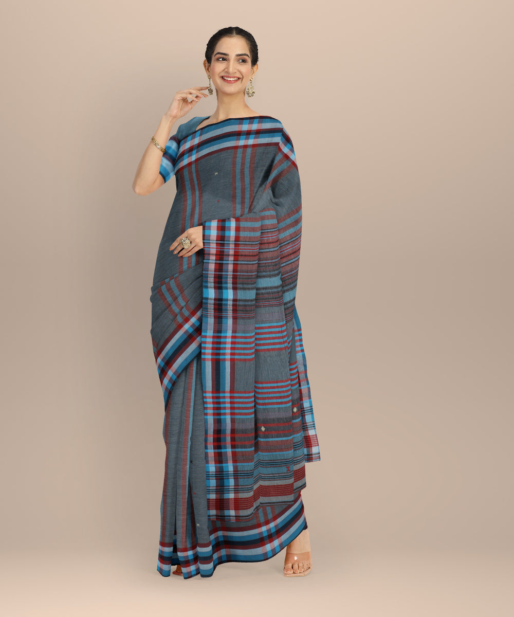 Grey cyan blue kala cotton handloom bhujodi saree