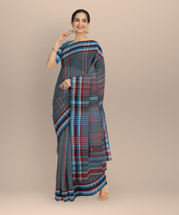 Grey cyan blue kala cotton handloom bhujodi saree