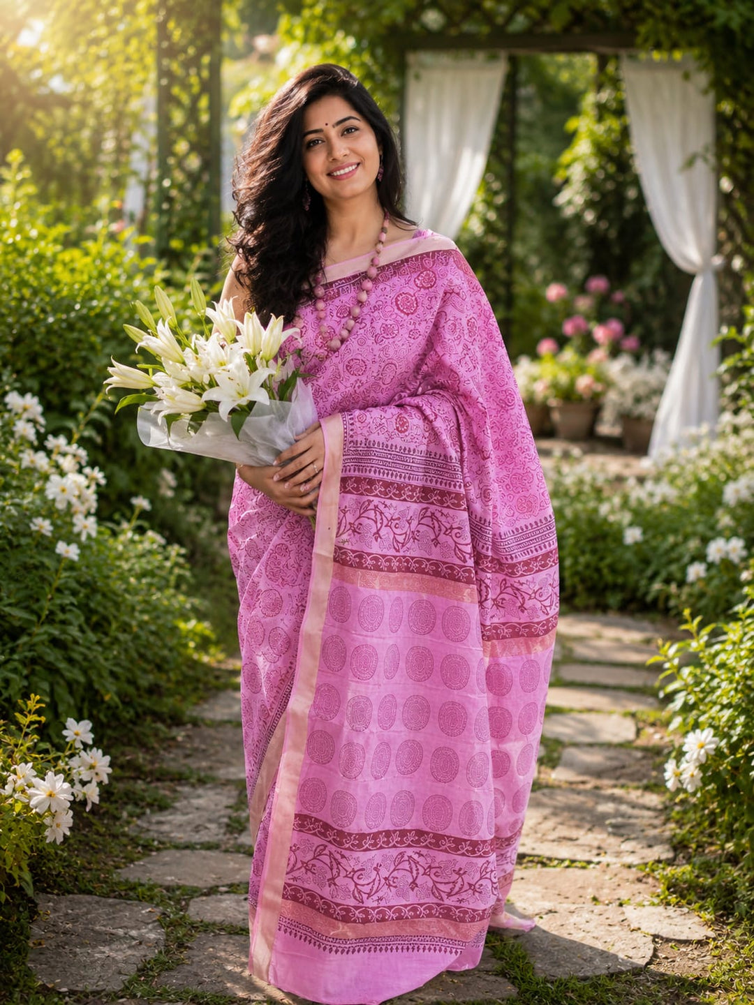 Pink cotton silk hand printed maheshwari saree