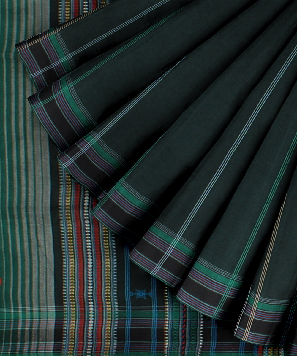Dark green multi striped kala cotton handloom bhujodi saree