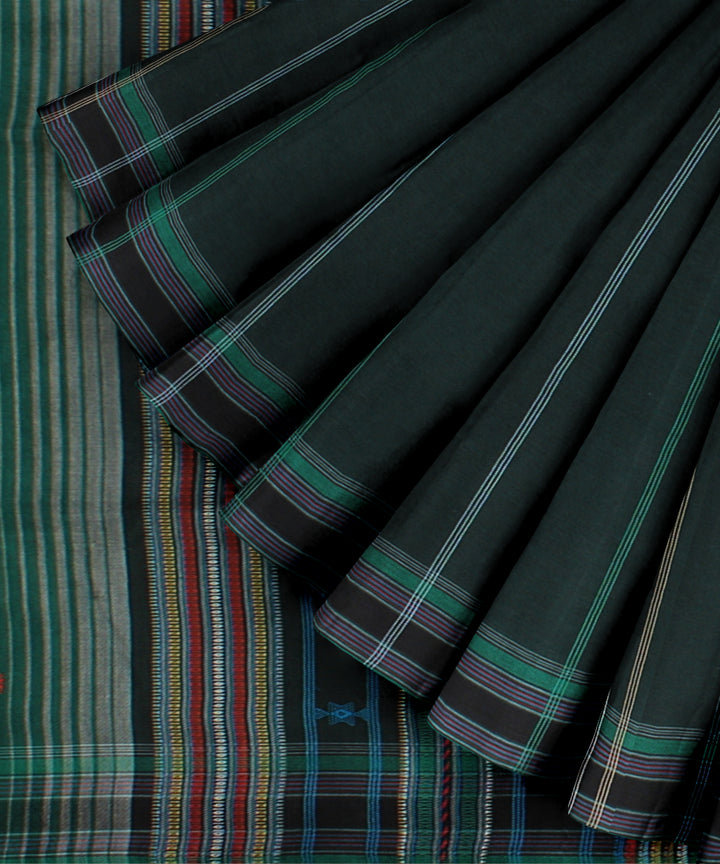 Dark green multi striped kala cotton handloom bhujodi saree