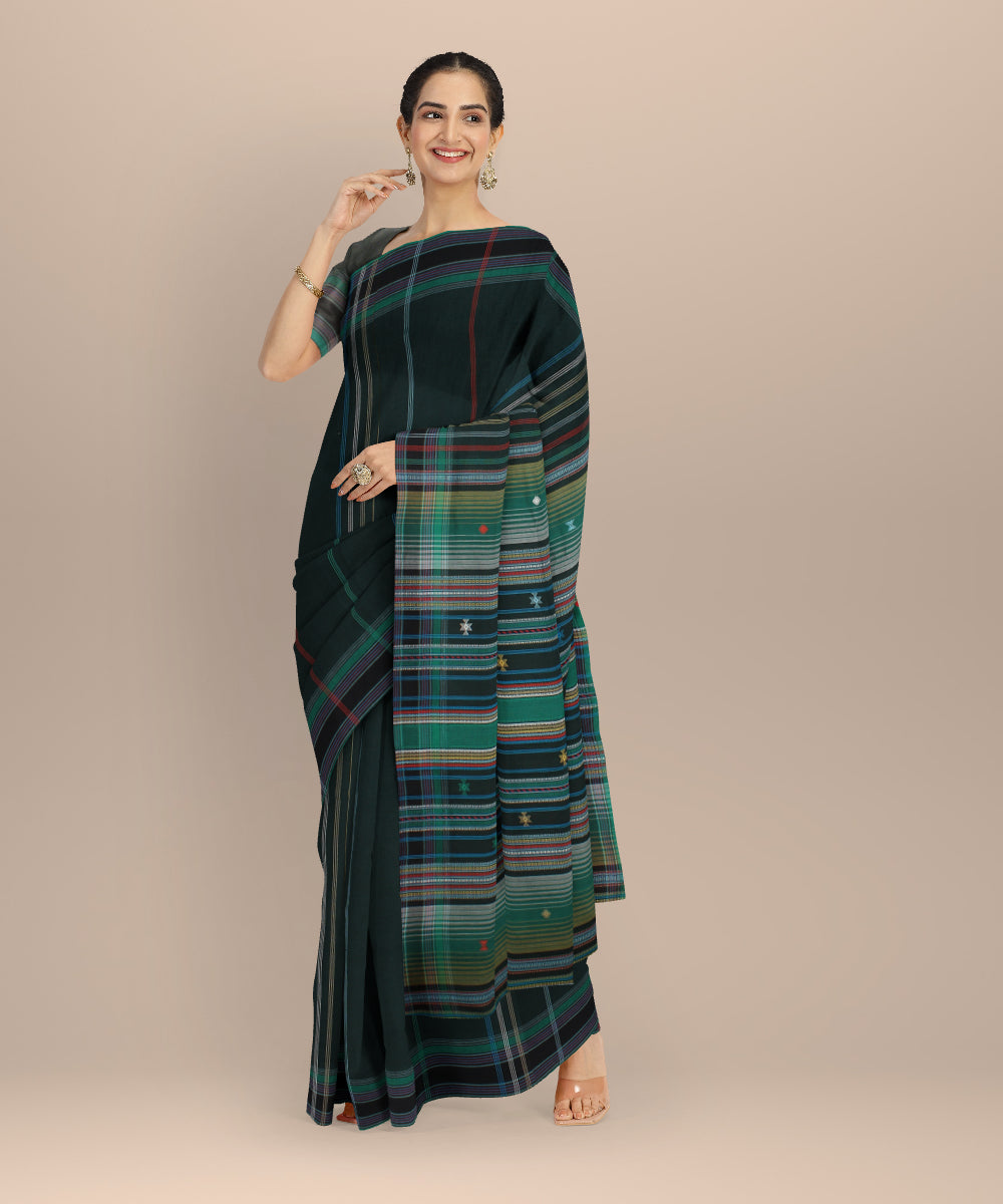 Dark green multi striped kala cotton handloom bhujodi saree