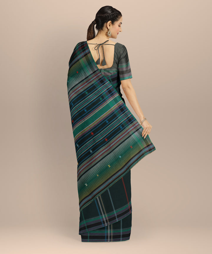 Dark green multi striped kala cotton handloom bhujodi saree
