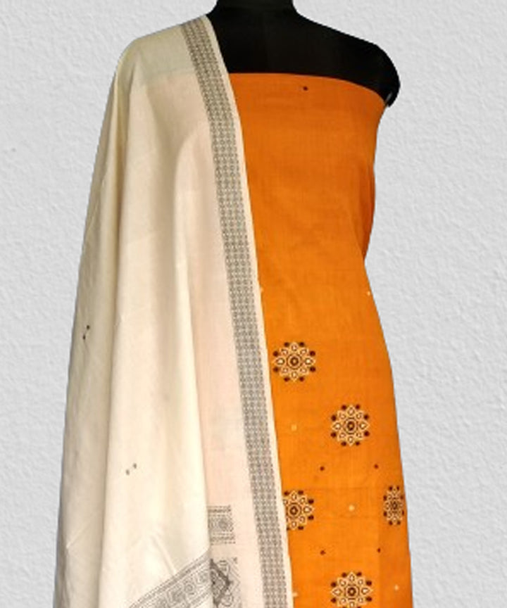 Yellow off white handwoven bomkai cotton dress material