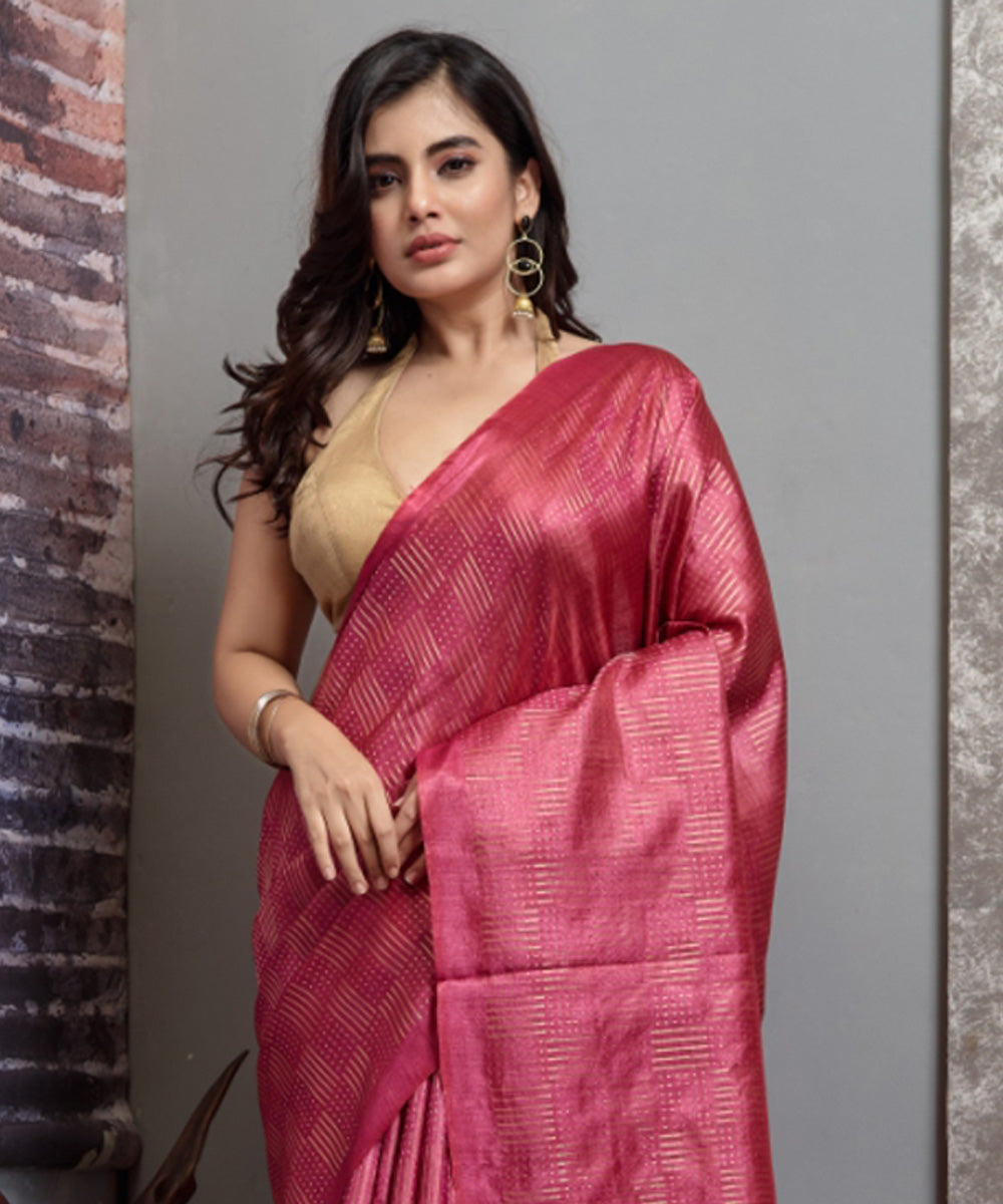 Pink red handwoven chhatisgarh tussar silk saree