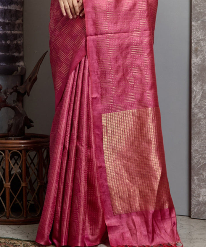 Pink red handwoven chhatisgarh tussar silk saree
