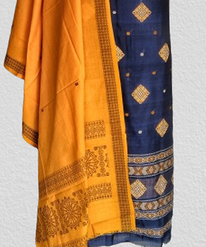 Navy blue yellow handwoven cotton bomkai dress material