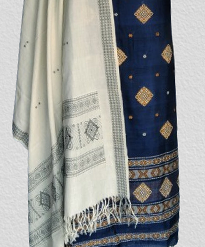 Navy blue white handwoven cotton bomkai dress material