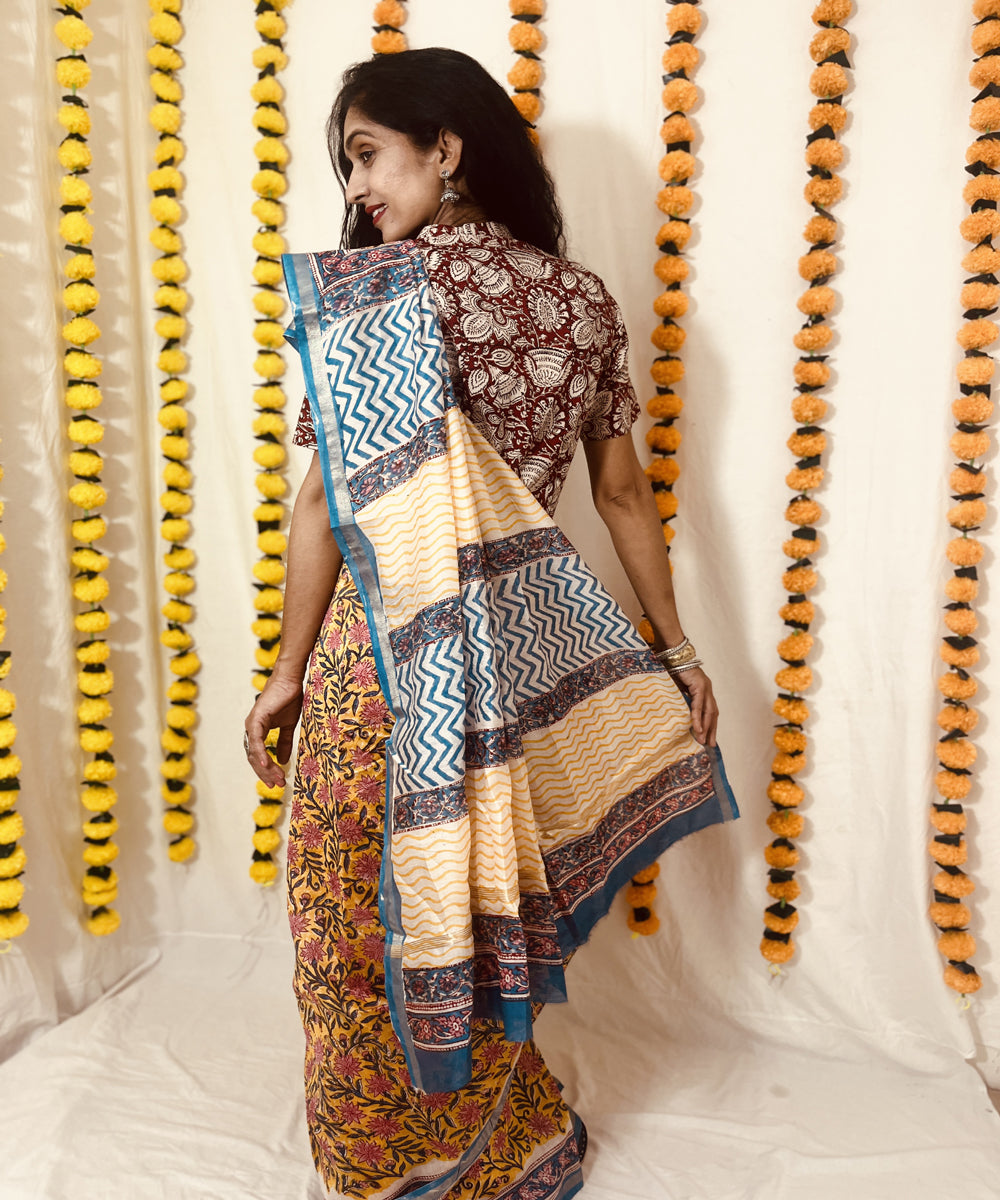 Yellow hand block sanganeri print chanderi sico saree
