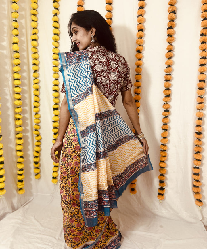 Yellow hand block sanganeri print chanderi sico saree