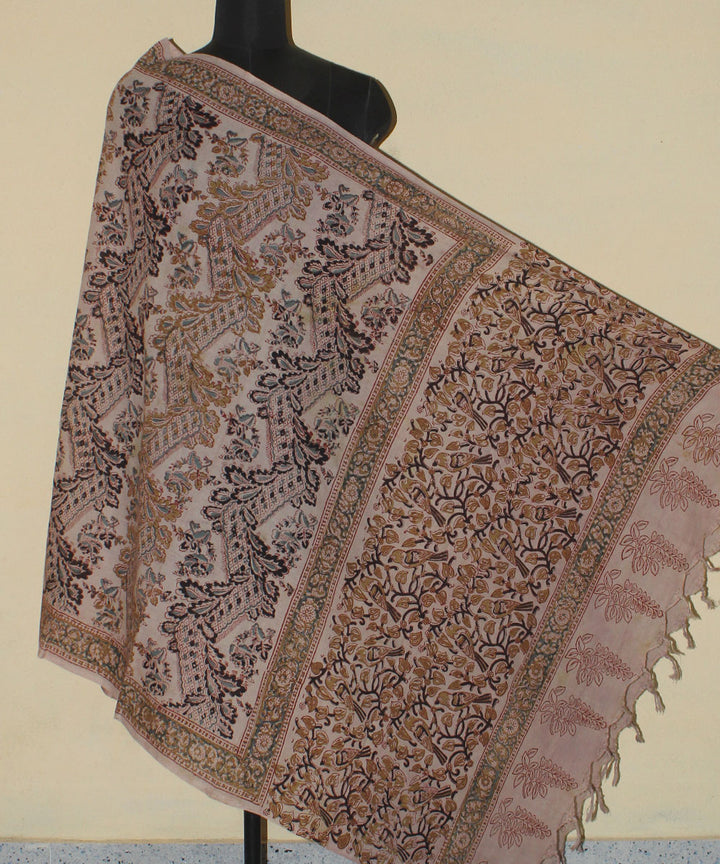 Beige brown cotton hand printed kalamkari dupatta