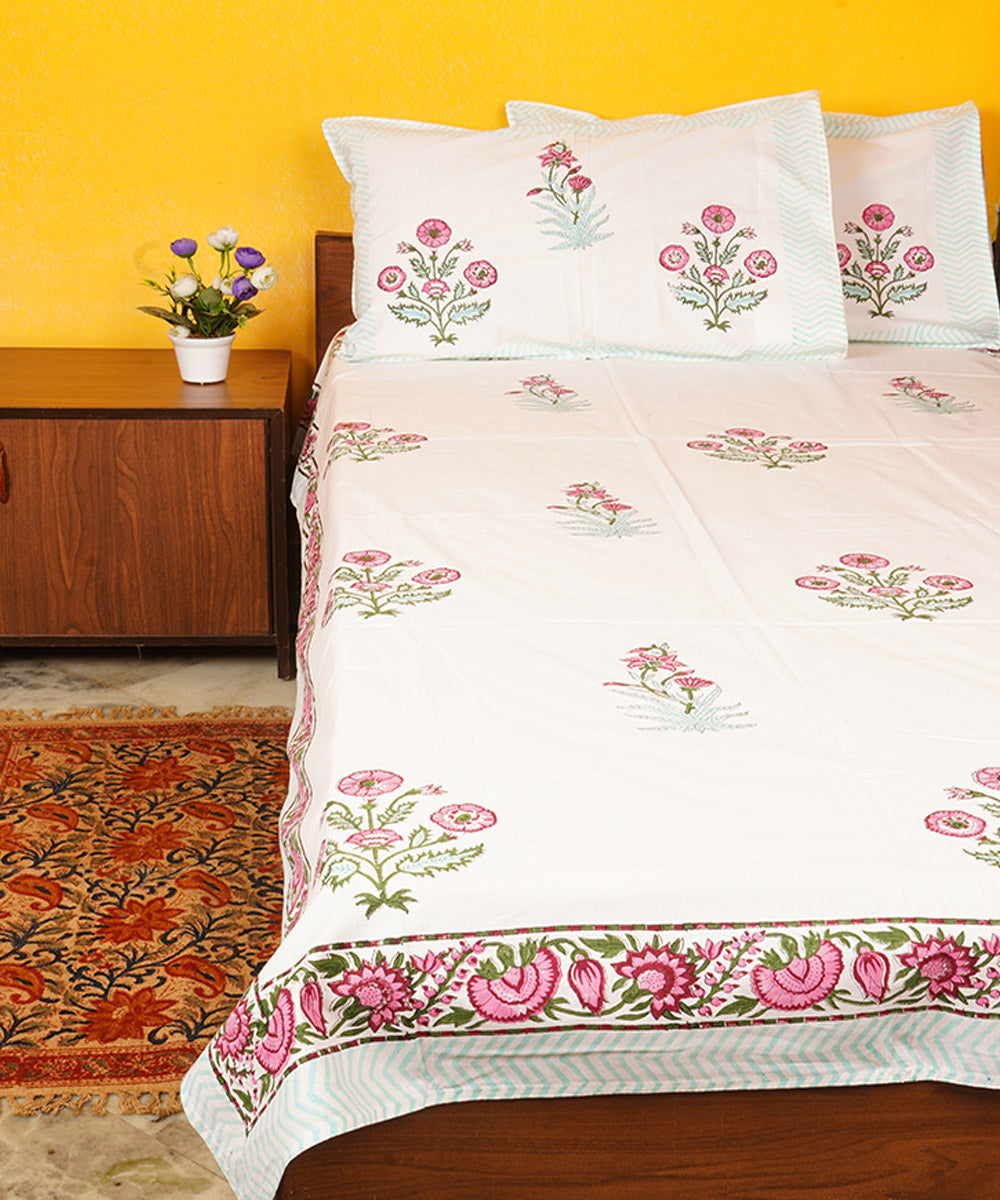 White brown cotton block hand printed double bedsheet