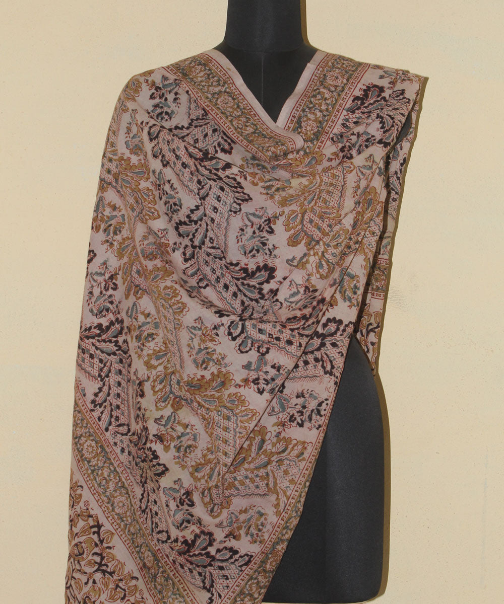 Beige brown cotton hand printed kalamkari dupatta