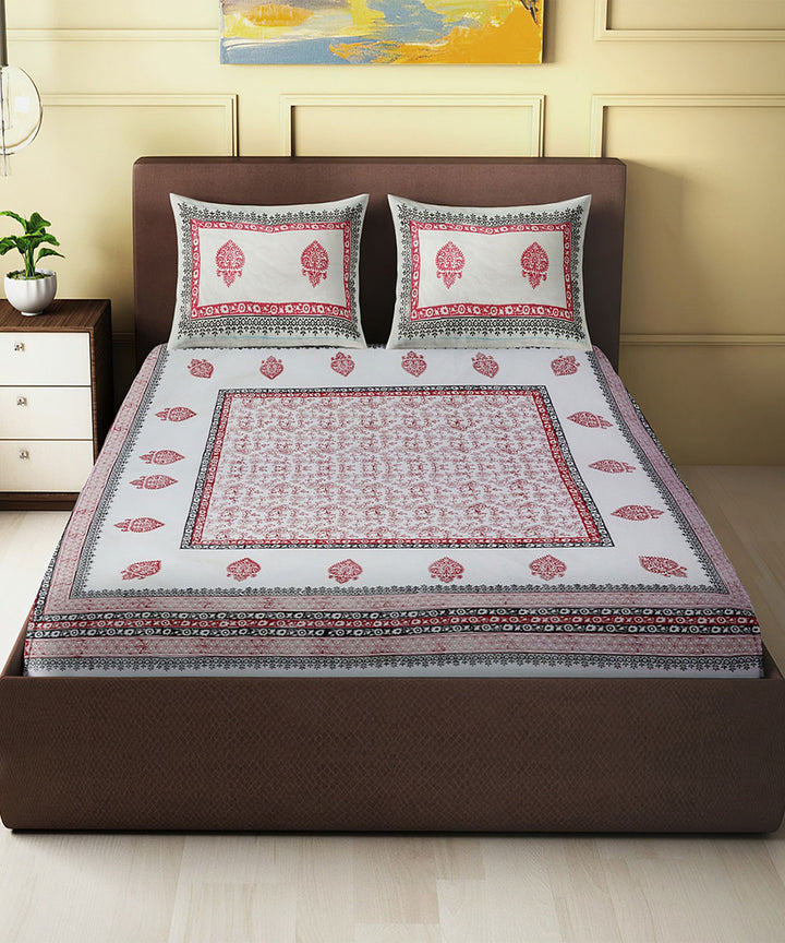 White red floral block printed king size cotton double bedsheet