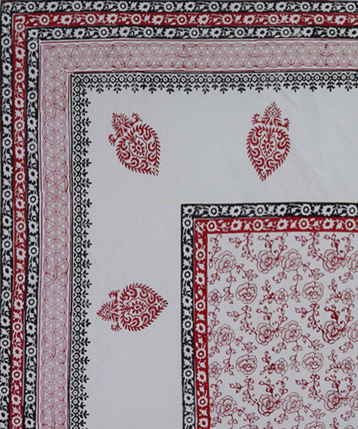 White red floral block printed king size cotton double bedsheet