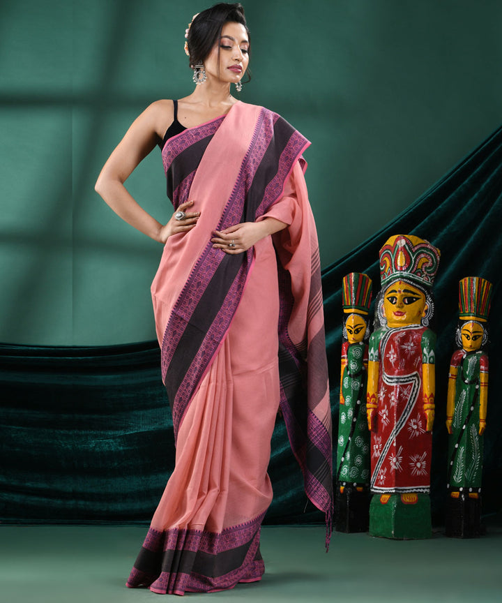 Antique pink navy blue handloom cotton bengal saree