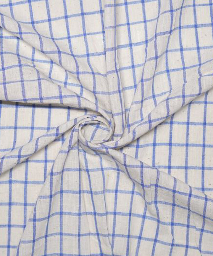 Cyan blue checks on cream handwoven kala cotton fabric