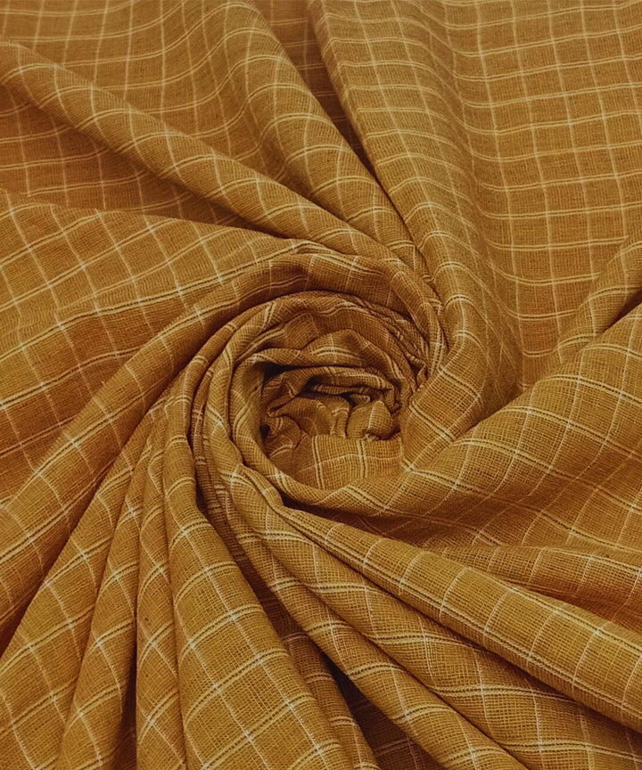 Yellow white checks handwoven cotton fabric