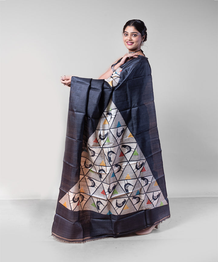 Black beige bird motif tussar silk hand block printed saree