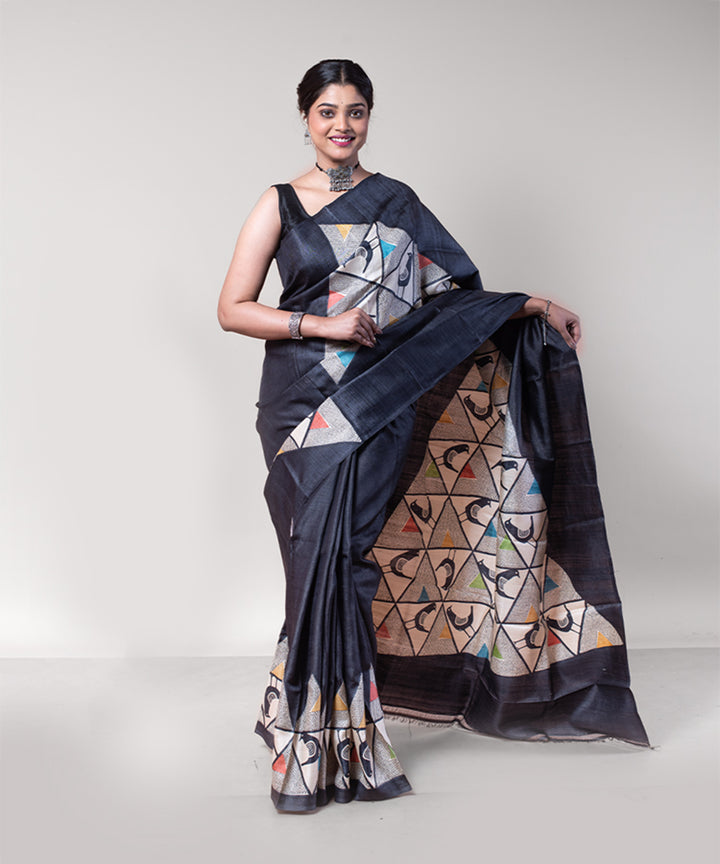 Black beige bird motif tussar silk hand block printed saree