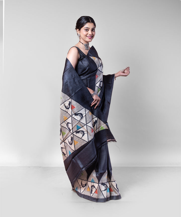 Black beige bird motif tussar silk hand block printed saree