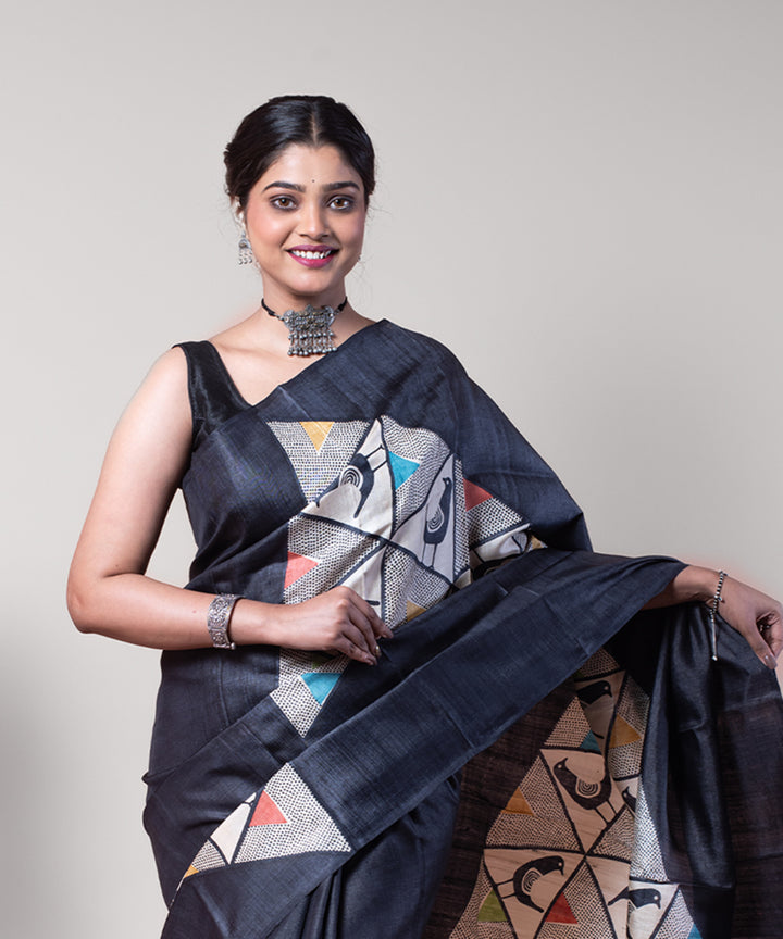 Black beige bird motif tussar silk hand block printed saree