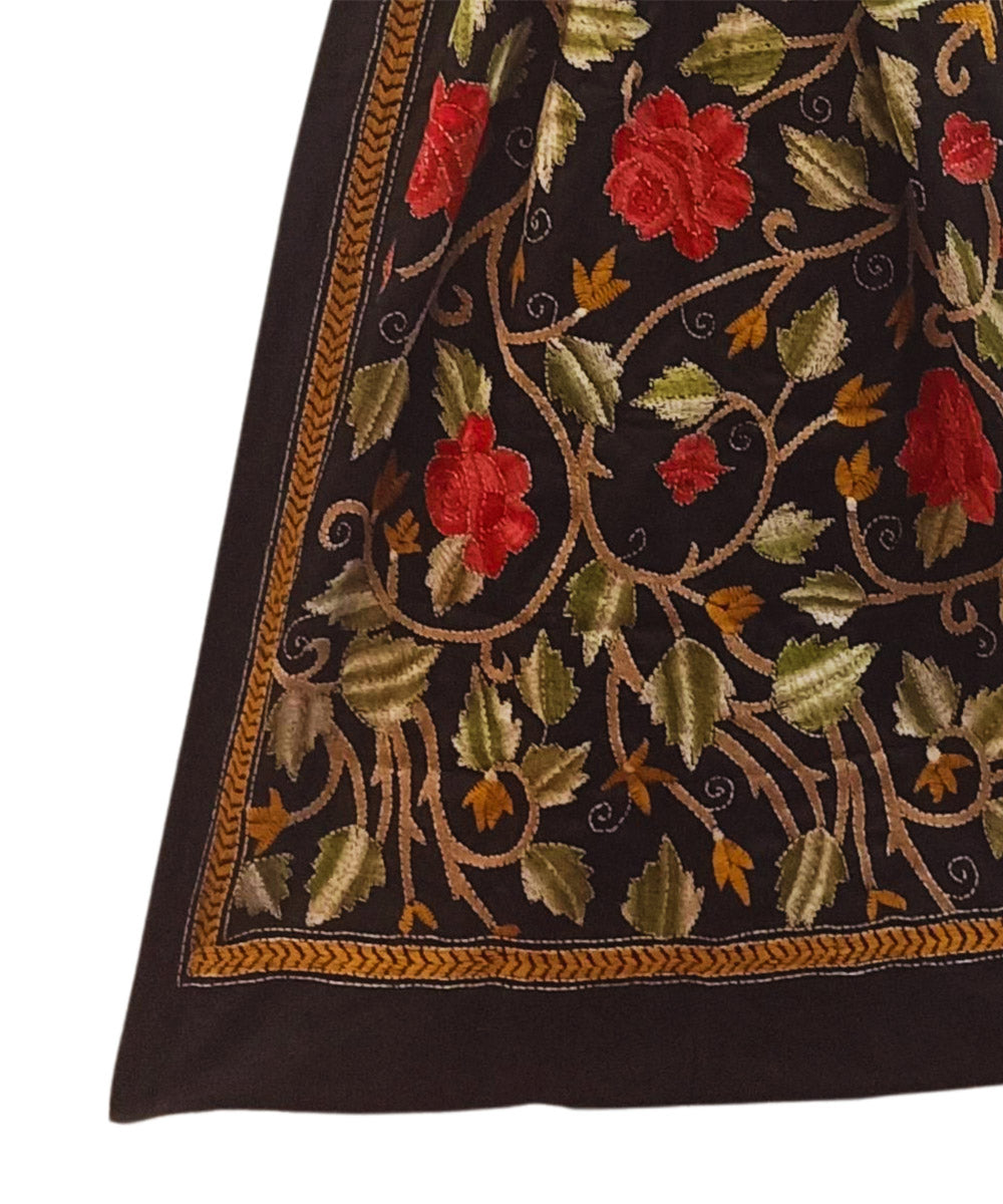 Black multicolor thread handwoven silk kantha stitch stole