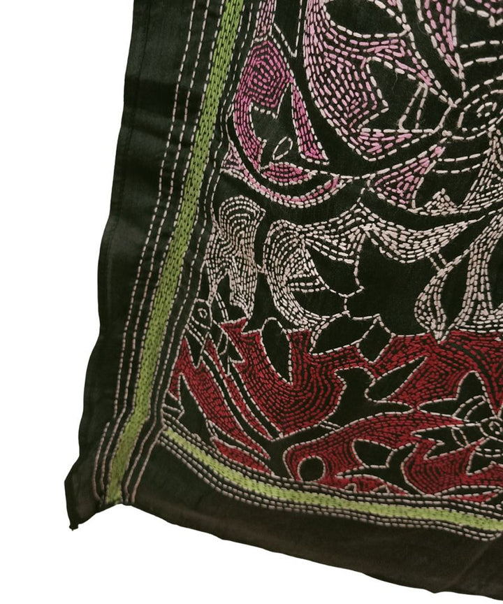 Black hand embroidered kantha stitch silk stole
