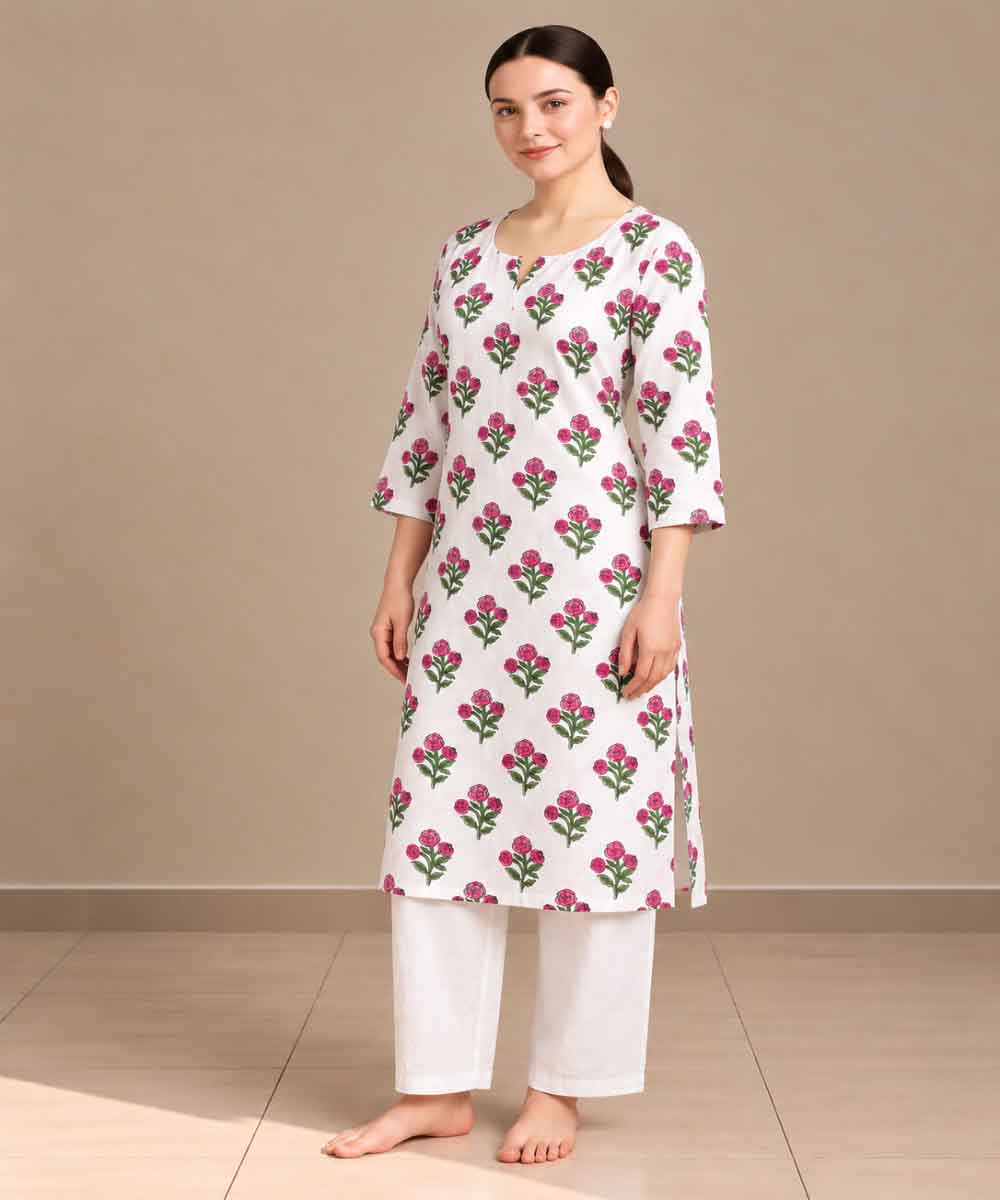Pink white hand block printed pure cotton kurti