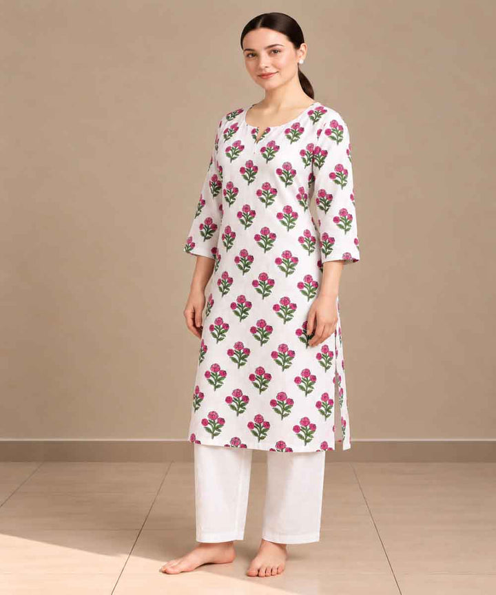 Pink white hand block printed pure cotton kurti