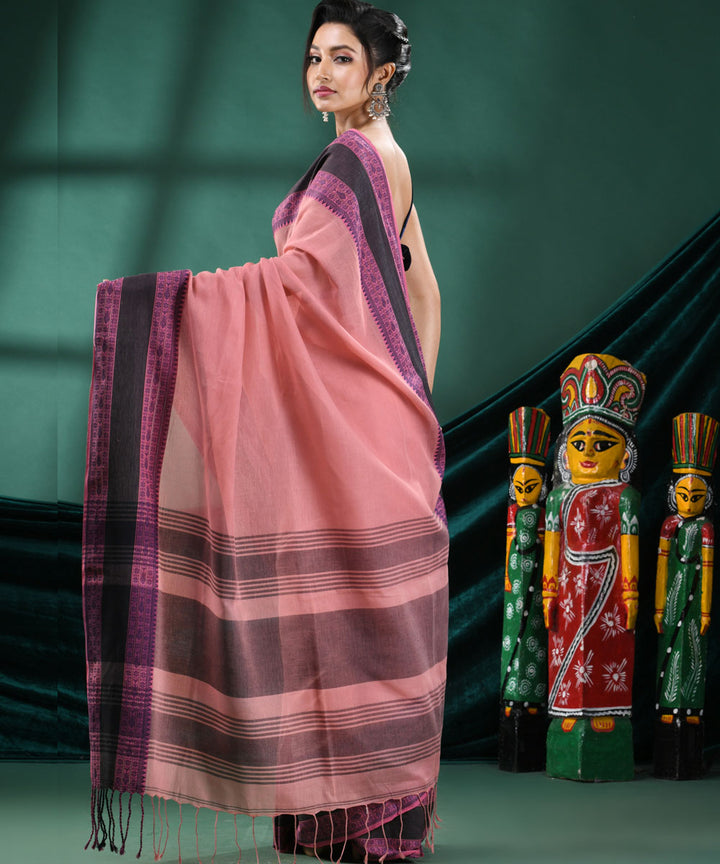 Antique pink navy blue handloom cotton bengal saree